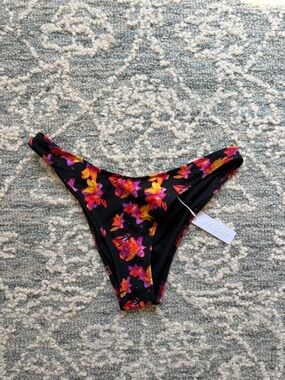 Floral Black Bikini Bottoms - Bright Pink & Orange Flowers